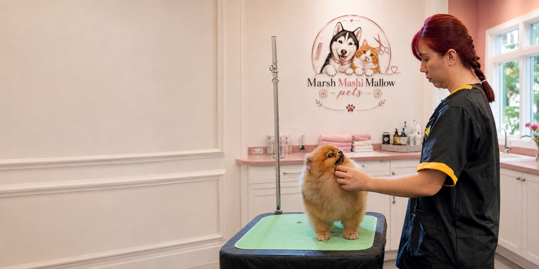 A groomer gently tending to a Pomeranian in a clean studio with Marsh Mashi Mallow Pets branding